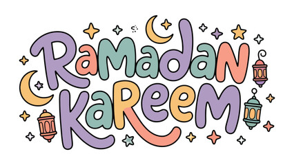 Fototapeta premium Ramadan Kareem Illustration: Colorful illustration with Ramadan Kareem lettering featuring crescent moon, lanterns and stars. Capturing the spirit of this special holy time.
