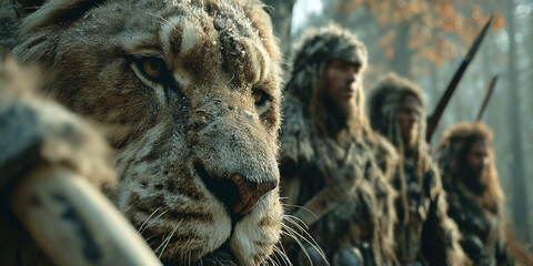 Primitive people confront saber toothed tiger in primeval forest setting with Neandertals