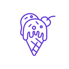 Ice Cream Cone Icon. Thin Line Illustration of Waffle Cone Holding Double Scoops with Dripping Topping and Cherry, Pictogram of Frozen Dessert Treat, Sweet Summer Snack and Dairy Indulgence.