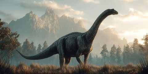 Obraz premium Qantassaurus in a prehistoric landscape with mountains and forests at sunset