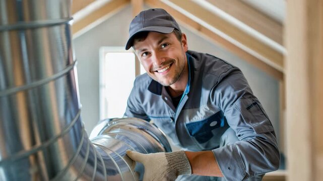 Ductwork technician installing ventilation ducts in attic, residential hvac maintenance, metal air distribution, thermal insulation prep, safety gloves, focused repair, construction interior