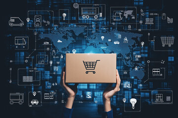 Person holds cardboard parcel surrounded by glowing digital logistics symbols.