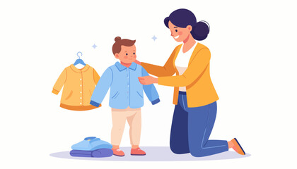 A loving mother helps her young son get dressed in a blue jacket, a heartwarming scene of daily family routine and parental care