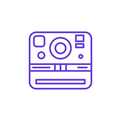 Instant Camera Icon. Thin Line Illustration of Retro Instant Photography Device with Lens, Viewfinder and Film Slot, Pictogram of Vintage Camera, Photo Printing and Nostalgic Memory Capture.