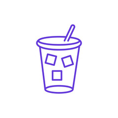 Iced Coffee Cup Icon. Thin Line Illustration of Disposable Cup with Ice Cubes and Straw, Pictogram of Cold Beverage, Refreshing Drink and Summertime Coffee Treat, Symbol of Cafe Takeaway.
