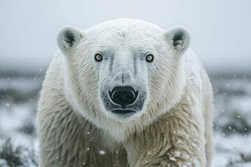 Arctic polar bear crossing snow-covered landscape, side view