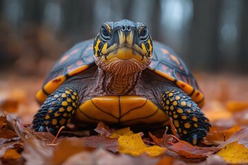 Close-up of cautious turtle with head out of shell