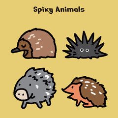 Spiky Animals Cute Cartoon Illustration Set