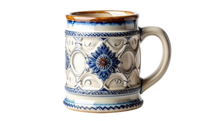 Vintage Ceramic Beer Stein With Blue Floral Pattern Isolated On Transparent Background Decorative Mug For Oktoberfest Celebrations And Barware Collections