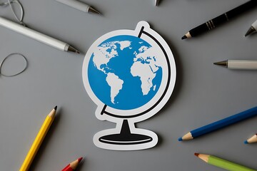 Vibrant globe sticker on desk with colorful pencils and pens around