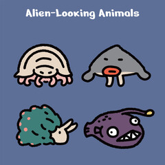 Fototapeta premium Alien Looking Animals Cartoon Illustration Set