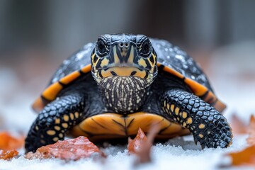 Reptile hiding in shell, head showing through opening