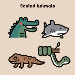 Cute Scaled Animals Cartoon Illustration Set