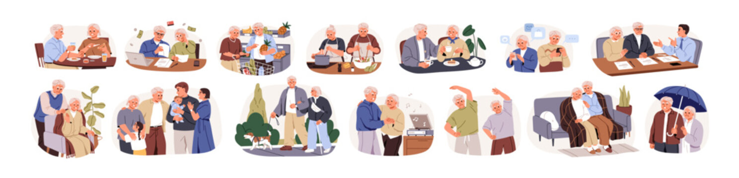 Senior couple, active happy life. Elderly people aging together, lifestyle activity set. Grandparents, old man, woman spending time in retirement. Flat vector illustration isolated on white background