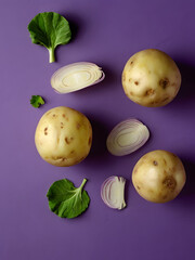 potatoes and vegetables on purple background