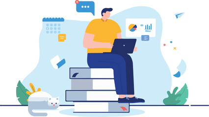Learning online - Man studying and taking internet course education with laptop sitting on books. Flat design cartoon illustration with white background