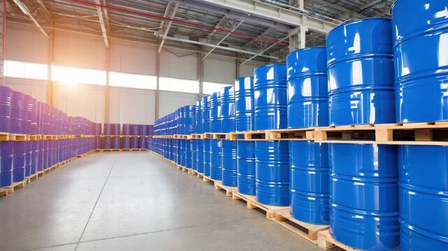 Blue industrial barrels stacked on wooden pallets in a spacious warehouse, chemical drum storage for manufacturing logistics inventory, handling safety procedures, sun concrete floor ceiling