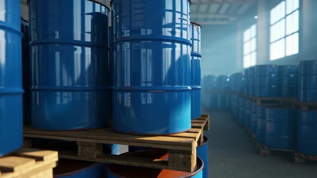 Blue industrial metal barrels on wooden pallets inside warehouse, chemical storage logistics, industrial supply chain environment, bulk material handling, manufacturing inventory, safety compliance