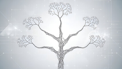 Wireframe tree with neural network connections on a futuristic background