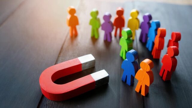 Magnet attracting colorful wooden figures on wooden surface, concept of leadership, business influence, social interaction dynamics, teamwork and strategy, human resources management