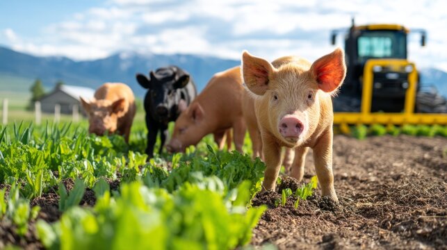 Feeding Animals on a Vibrant Farm with Beautiful Green Fields and Machinery in Background