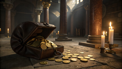 A vintage glass jar filled with gold coins and euro currency sits inside the old Church of the Holy Sepulchre, symbolizing a divine intersection of religion and finance