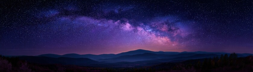 Fototapeta premium A breathtaking panorama of a starry night sky, showcasing the Milky Way illuminated over rolling mountains and a serene landscape.