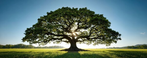 A majestic tree stands alone in a vast field, its branches stretching wide, with sunlight filtering through its leaves against a clear blue sky.