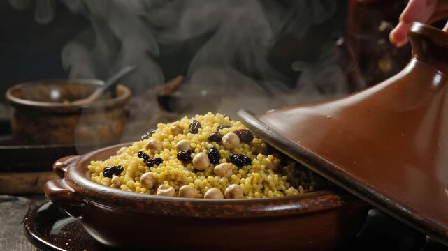 A tagine of Moroccan couscous with chickpeas and raisins, steam rising from the conical lid.