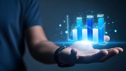 A person presenting a glowing digital bar chart in their hand