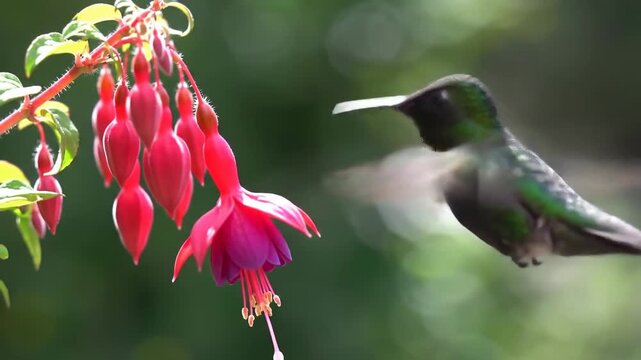 Hummingbird flying near beautiful red fuchsia flower, drinking nectar in garden. Nature, wildlife.