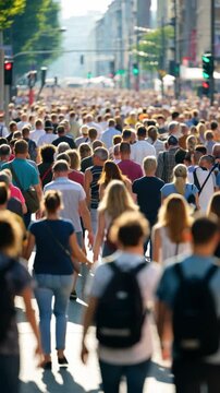 Thriving urban crowd in busy city street during rush hour with diverse pedestrians and vibrant metropolitan lifestyle forming dynamic social environment