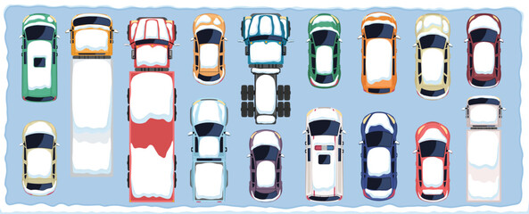 Winter cars and trucks top view set. Vector illustration
