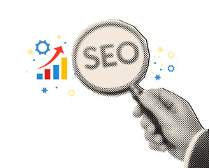Businessman Hand Holding Magnifying Glass in halftone style with SEO Optimization Concept Illustration