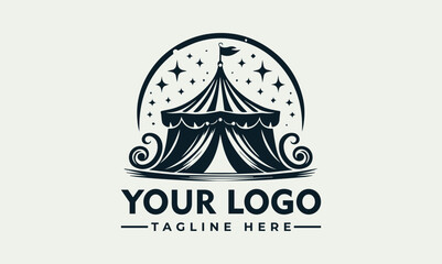 A vector illustration of a circus tent logo with stars and customizable text on a light background, ideal for branding and advertising.
