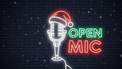 Christmas Open Mic Neon Sign with Santa Hat on Dark Brick Wall and Falling Snow