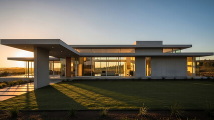 Modern Luxury House with Green Lawn at Golden Hour