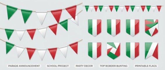 Obraz premium italy triangular flag bunting garland graphic design set featuring modern pennant banners in national flag colors