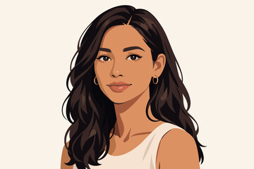 Minimalist vector portrait of diverse female with natural makeup and calm expression.