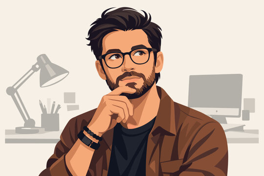 Clean vector illustration of creative male designer with thoughtful expression and modern style.
