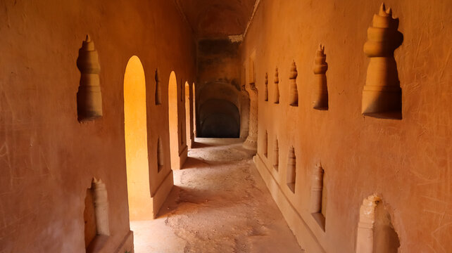 India, Assam, Sivasagar, Beautiful Inside View With Carved Pillars of Kareng Ghar, The 18th Century Ahom Dynasty Royal Palace of Garhgaon.