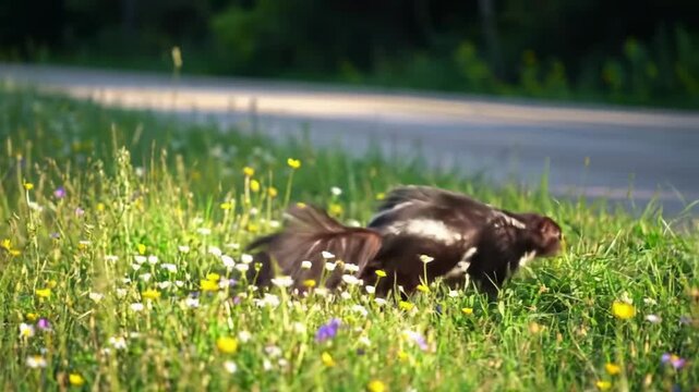 Skunk foraging in field of flowers, tail up, wild animal in grass. Daytime.