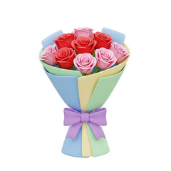 A bouquet of red and pink roses wrapped in colorful paper with a purple ribbon