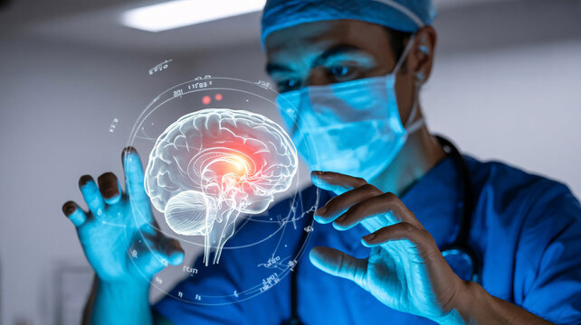 Medical professional analyzing brain scan with digital overlay in hospital - Powered by Adobe