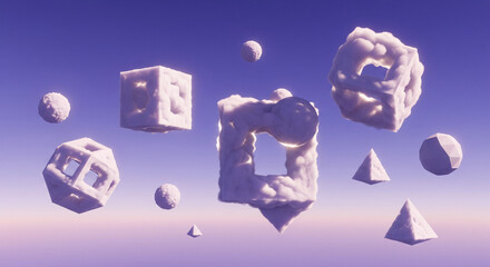 Dreamy 3D geometric shapes floating in a surreal sky, perfect for abstract backgrounds or symbolizing innovation and creativity in modern design projects