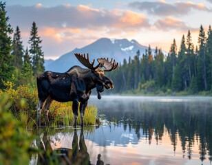 moose by lakeside at sunrise