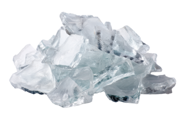 Pile of translucent light blue glass shards on black background broken