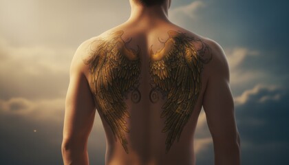 Rear view of man with large golden angel wings tattooed across his upper back standing against cloudy sky