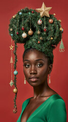 Photorealistic portrait of a black woman in a bright green dress, evening makeup, and a high cone hairstyle styled as a Christmas tree with ornaments, garlands, glowing star on top, soft frontal ligh