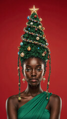 Photorealistic portrait of a black woman in a bright green dress, evening makeup, and a high cone hairstyle styled as a Christmas tree with ornaments, garlands, glowing star on top, soft frontal ligh